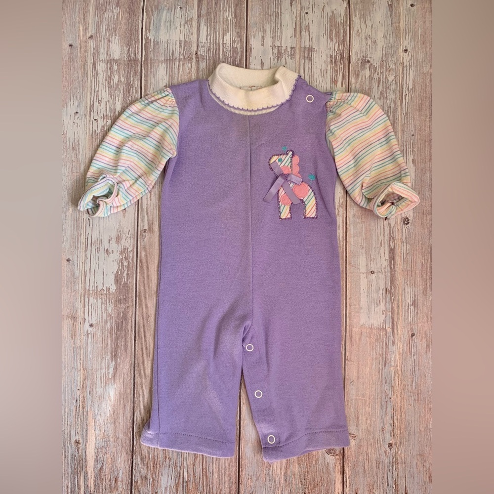Vintage Health-Tex Made in USA! 9M Purple Romper w/ Darling Giraffe Patch